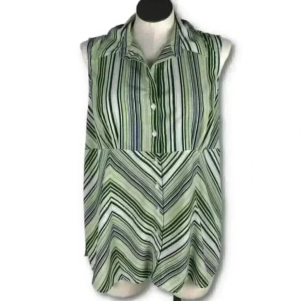 Blue diamond plus 2X multicolored striped button down career tank